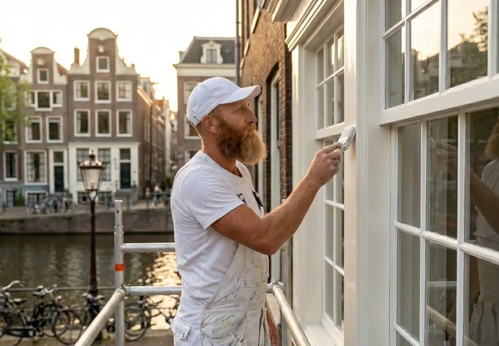Professioneel schilderwerk Amsterdam Centrum — schilder op steiger bij grachtenpand kozijnen