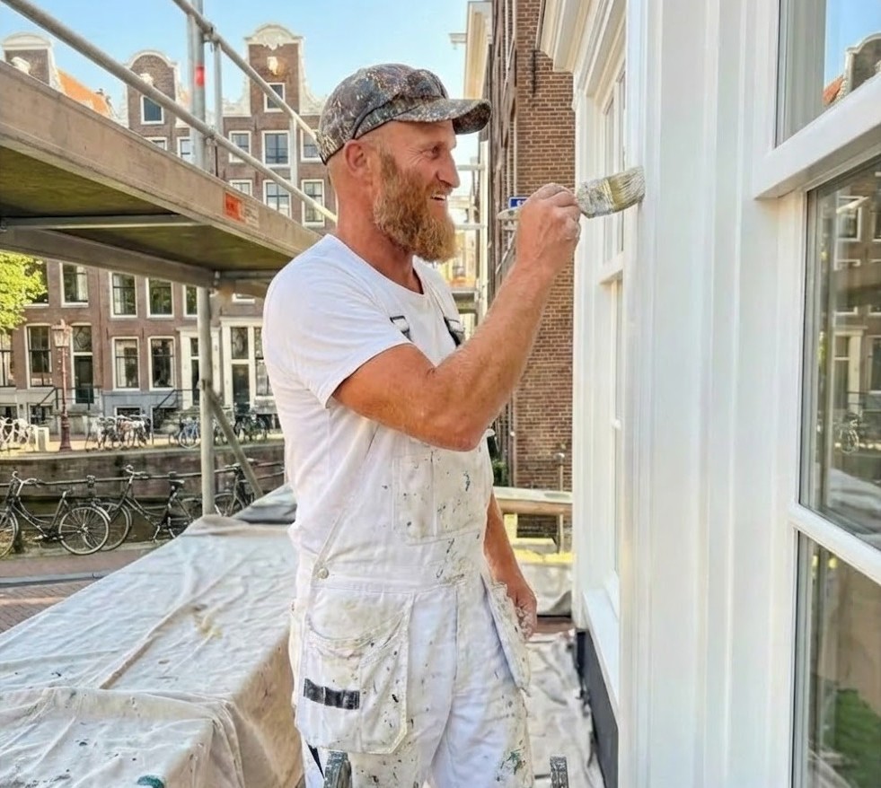 Schilder op steiger schildert kozijnen bij Amsterdams grachtenpand